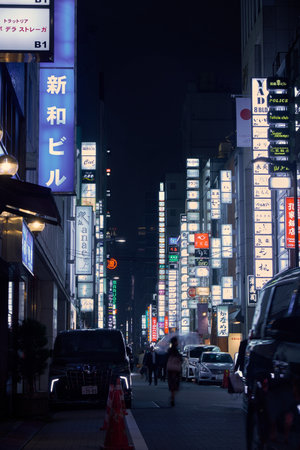 Tokyo, Japan - October 24, 2019: The night lights of Ginza.  advertisement and banners entice to the shops and restaurants. Tokyo. Japanのeditorial素材