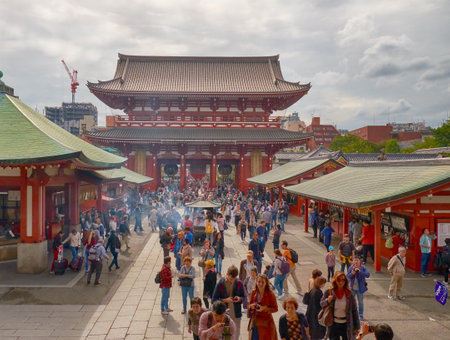 Tokyo, Japan - October 24, 2019: The territory of the oldest Buddhist temple Sensoji always full of people. The view from the main hall. Asakusa. Tokyo. Japanのeditorial素材