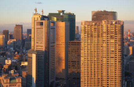 Tokyo, Japan - November 13, 2007: The evening view of skyscrapers of Higashi-Shinbashi district of...