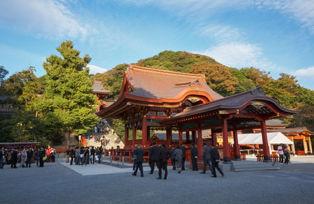 Kamakura, Japan - November 14, 2007: Maiden (Stage), the vermillion building where performed a dance as offering to the kami and wedding ceremonies. Tsurugaoka Hachimangu shrine. Kamakura. Japanのeditorial素材