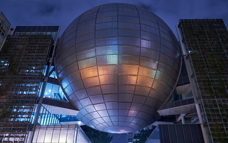 Nagoya, Japan - October 19, 2019: The night view of the huge sphere of Nagoya City Science Museum...