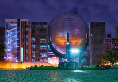 Nagoya, Japan â October 19, 2019: The view of Nagoya City Science Museum with the huge sphere of the world's biggest planetarium at night. Nagoya. Japanのeditorial素材