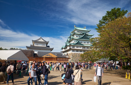 Nagoya, Japan - October 20, 2019: Many tourists in the Honmaru area in front of main keep of Nagoya castle. Nagoya. Japanのeditorial素材