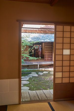 Nagoya, Japan - October 20, 2019: The view out from the old Oribe-do tea house to the Ofukemaru gardens of Nagoya castle. Nagoya. Japanのeditorial素材