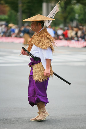 Kyoto, Japan - October 22, 2007: An actor wearing the traveling costume of one of the seven anti-western Imperial minister at the Jidai Festival. Kyoto. Japanのeditorial素材