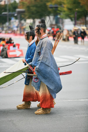 Kyoto, Japan - October 22, 2007: Actors representing court nobles from the Prince Konoe Tadahiro retinue. Jidai Festival. Kyoto. Japanのeditorial素材