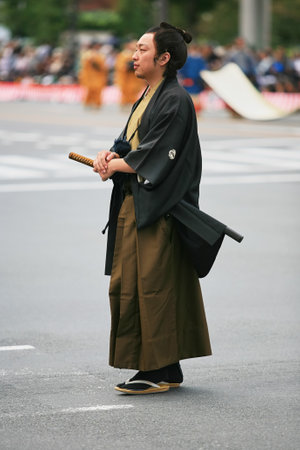 Kyoto, Japan - October 22, 2007: Actor representing Confucian scholar and samurai Mikisaburo Rai who fought against shogunate. Jidai Festival. Kyoto. Japanのeditorial素材