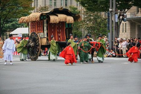 Kyoto, Japan - October 22, 2007: The view of the ox-drawn car from the Toyotomi Hideyori procession during historic scene reconsruction at Jidai Festival. Kyoto. Japanのeditorial素材