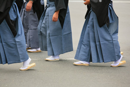 Kyoto, Japan - October 22, 2007: The view of the matsuri participants in the tradition Japanese trousers hakama at the Jidai Festival. Kyoto. Japan