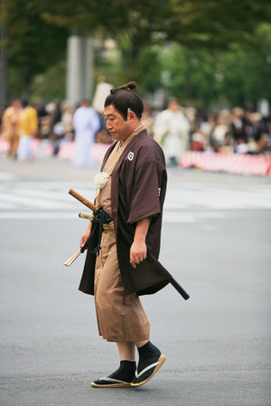 Kyoto, Japan - October 22, 2007: Actor representing one of Japan's most distinguished intellectuals Yoshida Shoin (Torajiro) who supported the Emperor against shogunate. Jidai Festival. Kyoto. Japanのeditorial素材