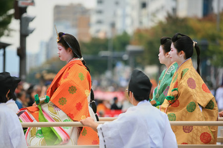 Kyoto, Japan - October 22, 2007: An actress representing Princess Kazu no Miya renowned poet and calligrapher in the wedding dress and the hair style of imperial family. Jidai Festival. Kyoto. Japanのeditorial素材