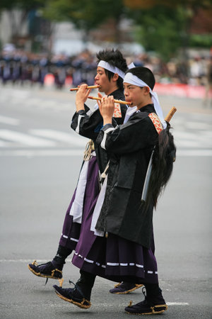 Kyoto, Japan - October 22, 2007: Meiji imperial army drum and fife corps, the soldiers from the Tanba region of Kyoto who fought on the pro-imperial side. Jidai Festival. Kyoto. Japanのeditorial素材