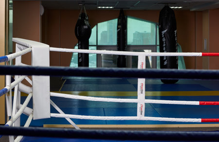Novosibirsk, Russia - March 05 2022: Boxing ring of fighting club Excalibur.のeditorial素材