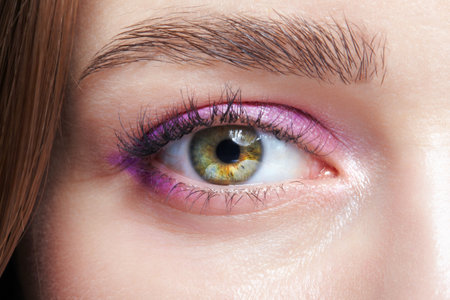 Closeup macro shot of human female eye. Woman with natural evening vogue face beauty makeup. Girl with perfect skin and pink smoky eyes eye shadows.の写真素材