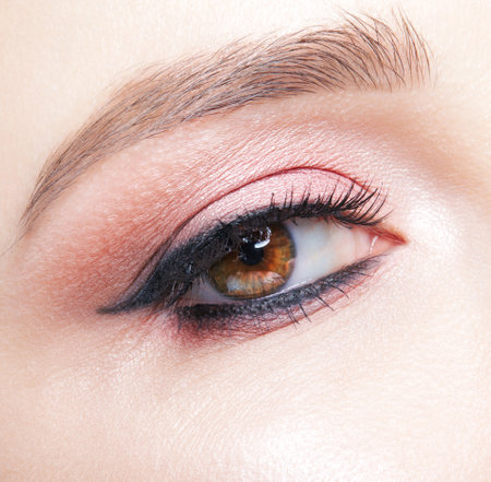 Closeup macro shot of human female brown color eye. Woman with natural evening vogue face beauty makeup. Girl with perfect skin, pink smoky eyes eye shadows and black arrows.の写真素材