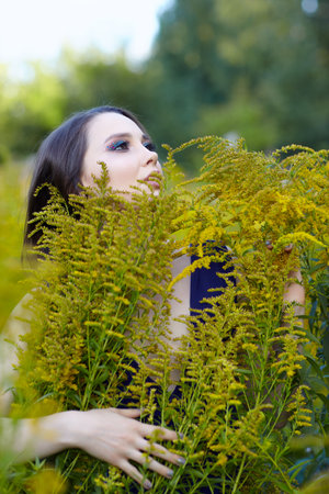Romantic portrait of female in blue dress in nature. Brunette woman in the field of yellow flowers Solidago canadensis (Canada goldenrod or Canadian goldenrod) flowers.の写真素材