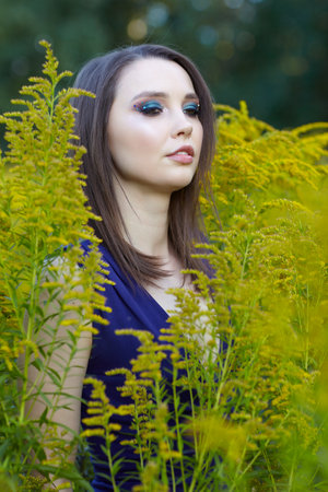Romantic portrait of female in blue dress in nature. Brunette woman in the field of yellow flowers Solidago canadensis (Canada goldenrod or Canadian goldenrod) flowers.の写真素材
