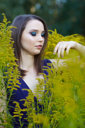 Romantic portrait of female in blue dress in nature. Brunette woman in the field of yellow flowers Solidago canadensis (Canada goldenrod or Canadian goldenrod) flowers.の写真素材