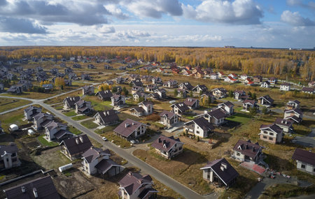 Aerial photo of scientific cottage village Sigma. Beautiful autumn country landscape from above. Novosibirsk, Siberia, Russia.の写真素材