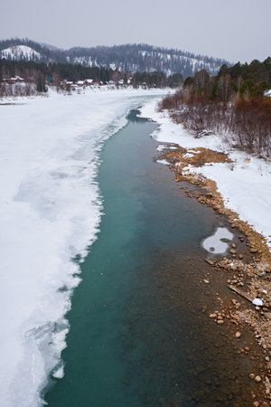 River Lebed' near Altai village Ust'-Lebed' in winter season. Siberia, Russiaの写真素材