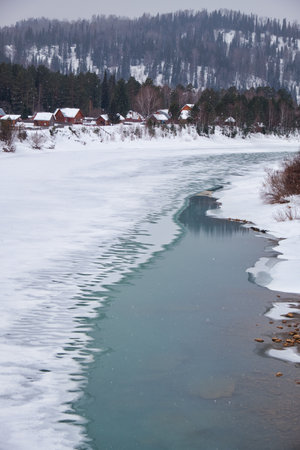 River Lebed' near Altai village Ust'-Lebed' in winter season. Siberia, Russiaの写真素材
