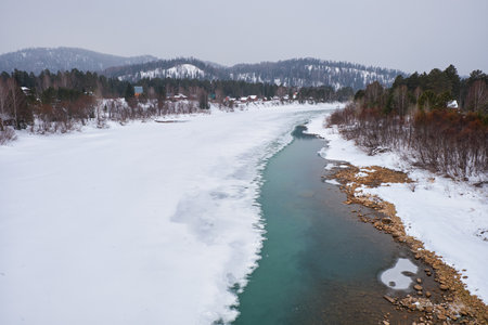 River Lebed' near Altai village Ust'-Lebed' in winter season. Siberia, Russiaの写真素材