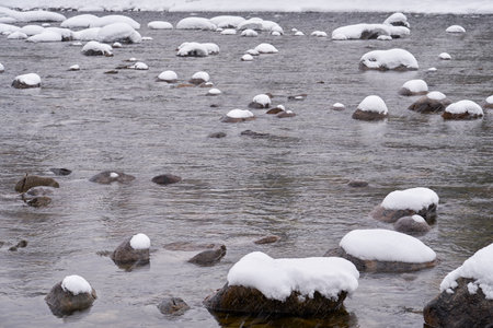 Stones with snow caps in the water of Altai Biya river under heavy snow in winter season.の写真素材