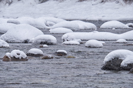 Stones with snow caps in the water of Altai Biya river under heavy snow in winter season.の写真素材