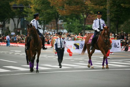 Kyoto, Japan - October 22, 2007: The view of the mounted police keep order at the autumn Jidai Festival. Kyoto. Japanのeditorial素材