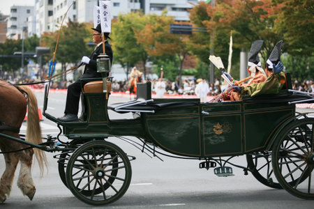 Kyoto, Japan - October 22, 2007: The participance dressed as the traveling noblemen in the horse-drawn carriage at Jidai Festival. Kyoto. Japanのeditorial素材