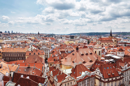 Czech Republic. Prague. A view of the tile roofs of houses of Prague from a height of Astronomical Clock.のeditorial素材