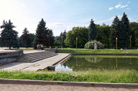 Russia. Moscow. The pond near the building of Moscow State University on Vorobyovy Hills in Moscow. 20 June 2016.のeditorial素材