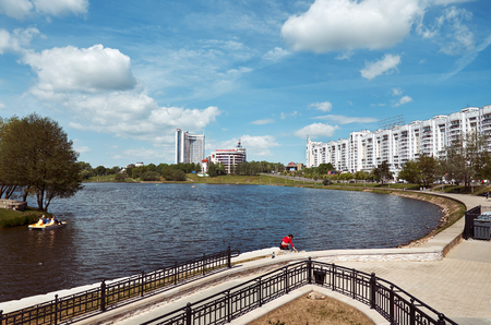 Belarus. Minsk. Picturesque houses of Minsk on the river Svisloch. May 21, 2017のeditorial素材