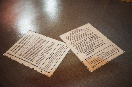 Belarus. Brest. Brest Fortress. Exhibit of the Museum of Defense of the Brest Fortress-Hero. Leaflets from the Second World War. May 23, 2017のeditorial素材