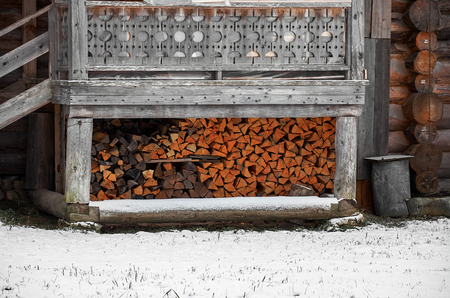 Russia. Karelia. A stack of firewood in the village of Kinerma in Karelia. November 16, 2017のeditorial素材