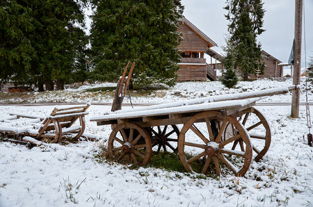 Russia. Karelia. An ancient cart in the village of Kinerma in Karelia. November 16, 2017のeditorial素材