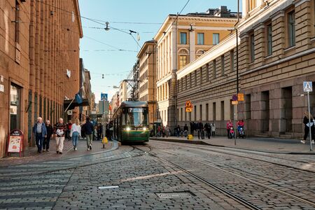 Finland. Helsinki. Green tram on the street in Helsinki. September 16, 2018のeditorial素材