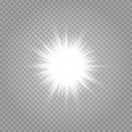 White glowing light explodes on a transparent background. Sparkling magical dust particles. Bright Star. Transparent shining sun, bright flash. Vector sparkles. To center a bright flash.のイラスト素材