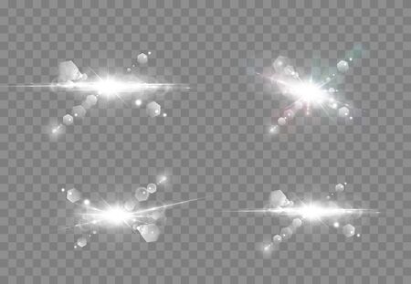 Abstract transparent sunlight special lens flare light effect. Vector blur in motion glow glare. Isolated transparent background. Decor element. Horizontal star burst rays and spotlight.のイラスト素材