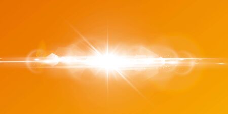 Abstract sparkling lens flare with sparkling sun on a yellow and orange background. A warm sun that is filled with natural rays of light glare. Isolated vector illustration.のイラスト素材