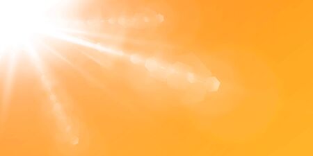 Abstract sparkling lens flare with sparkling sun on a yellow and orange background. A warm sun that is filled with natural rays of light glare. Isolated vector illustration.のイラスト素材