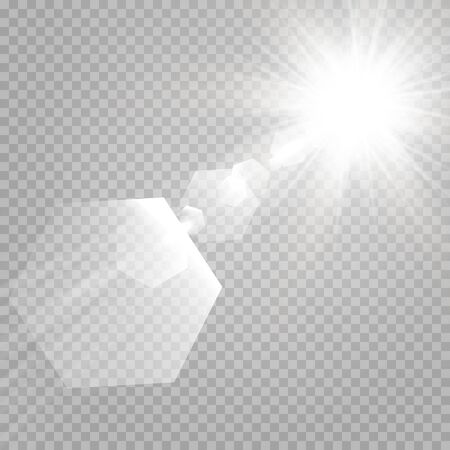Abstract transparent sunlight special lens flare light effect. Vector blur in motion glow glare. Isolated transparent background. Decor element. Horizontal star burst rays and spotlight.のイラスト素材