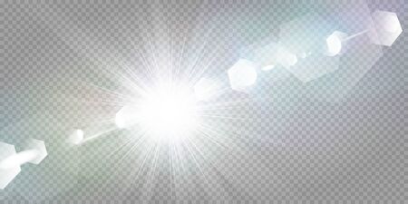 Abstract transparent sunlight special lens flare light effect. Vector blur in motion glow glare. Isolated transparent background. Decor element. Horizontal star burst rays and spotlight.のイラスト素材