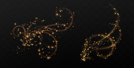 Golden shimmering waves with glowing light effects, isolated on blackのイラスト素材