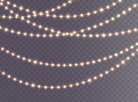 Festive Christmas light gold garlands PNG. Decor element for postcardsのイラスト素材