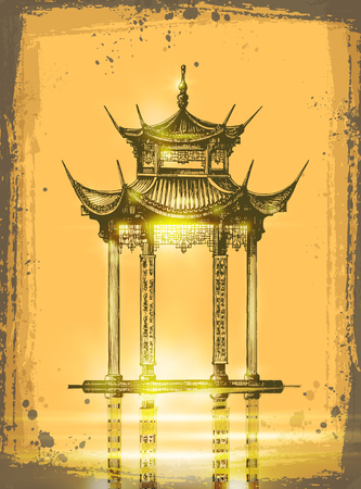 Japanese temple. Romantic Sunset with japan gateのイラスト素材