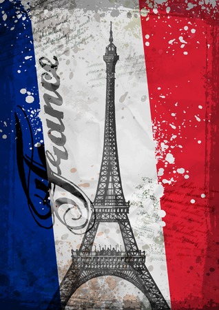 Hand drawn Eiffel Tower. vector illustration.  Eiffel tower and french flagのイラスト素材