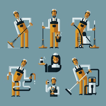 vacuum cleaner worker icons. Collection of color icons on blue backgroundのイラスト素材