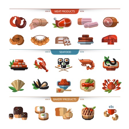 Food set of icons, symbols. Meat, seafood, bread.のイラスト素材