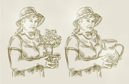 woman with a jug, a flower in your hand. sketch. illustrationのイラスト素材